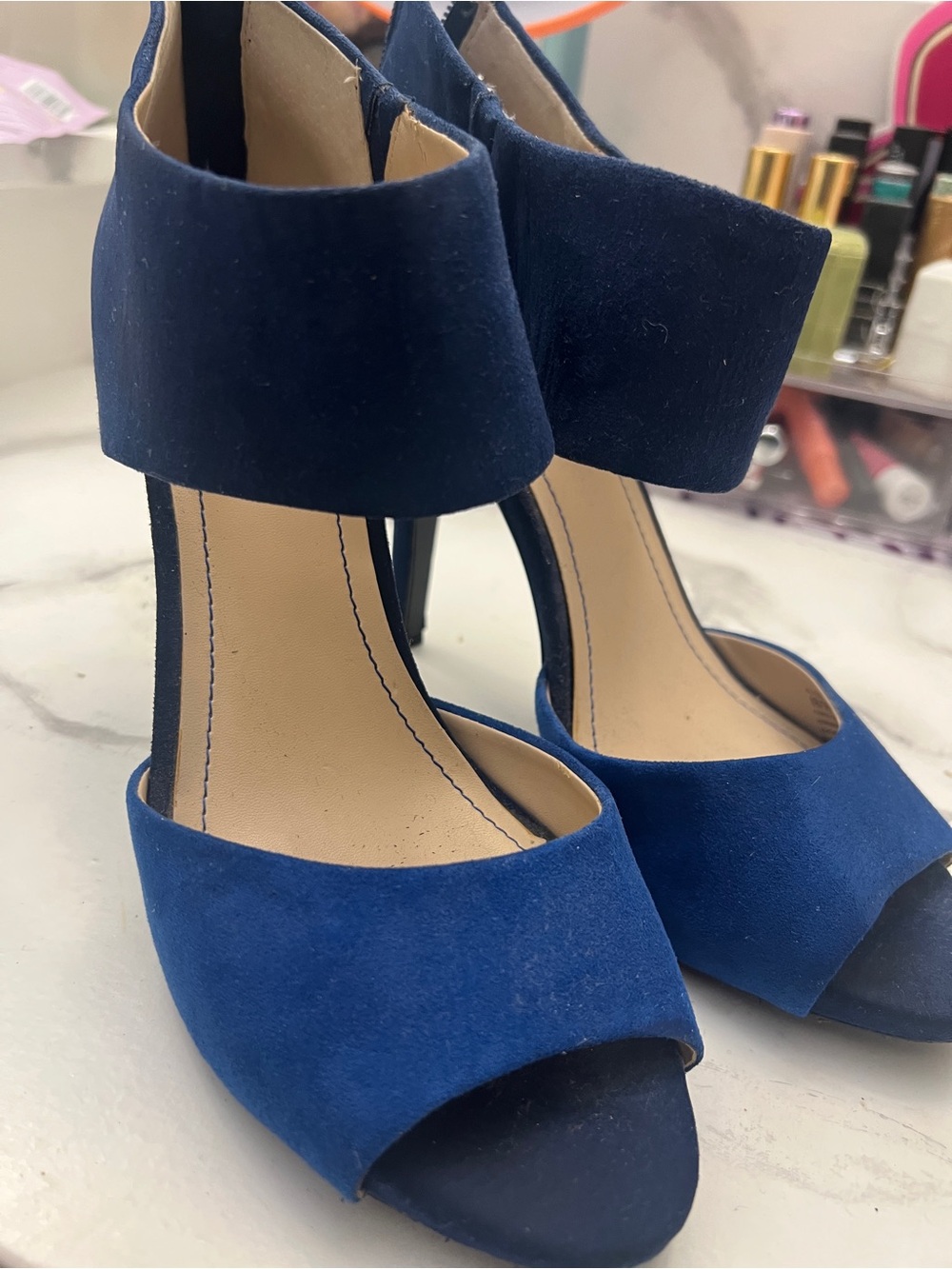 BCBGeneration Navy Blue Suede Open-Toe Ankle-Cuff Stiletto Heels